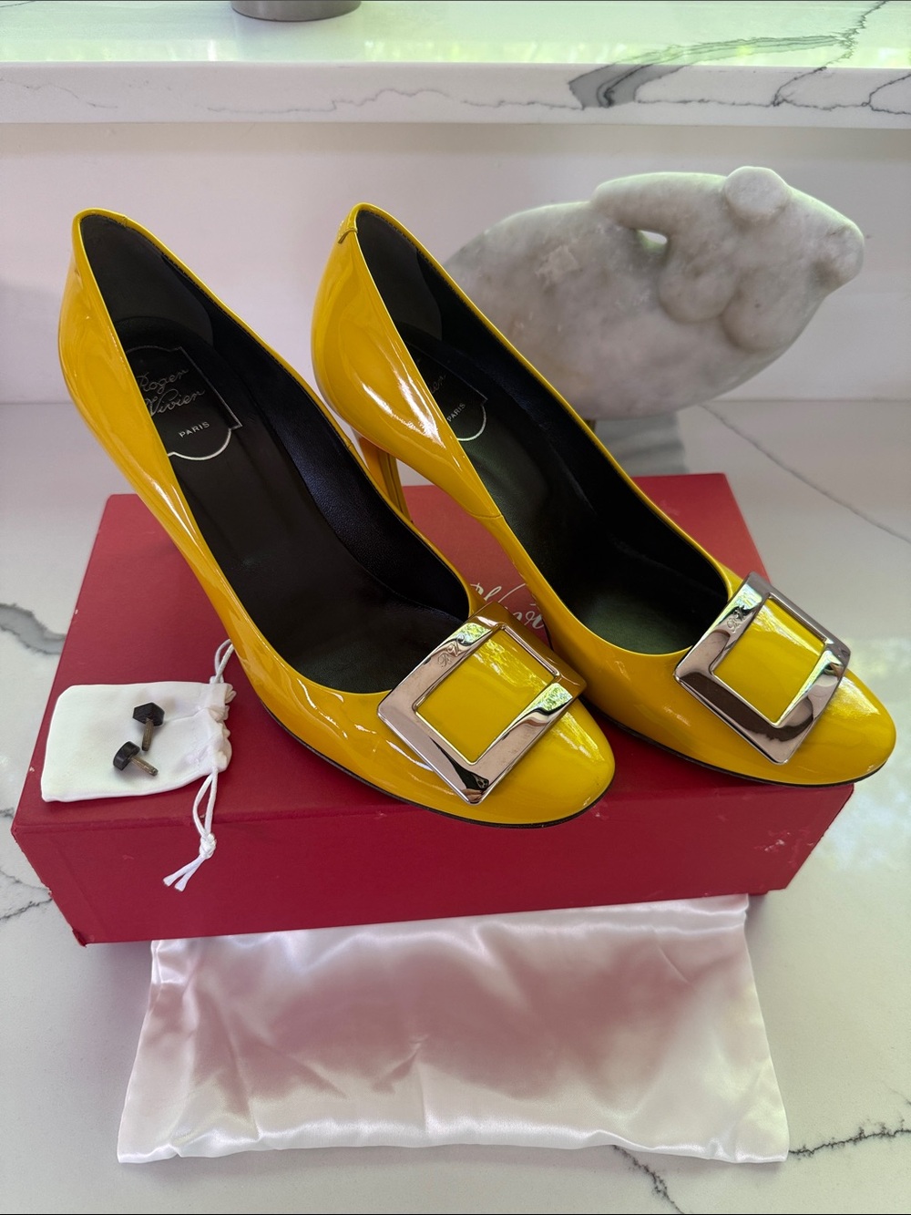 Roger Vivier Yellow Patent Leather Buckle Pumps with Silver Hardware
